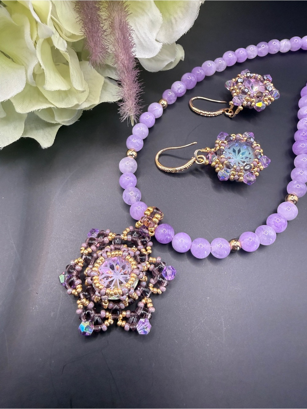 Lavender Crystal Bead Necklace with Matching Earrings - Elegant Purple Jewelry